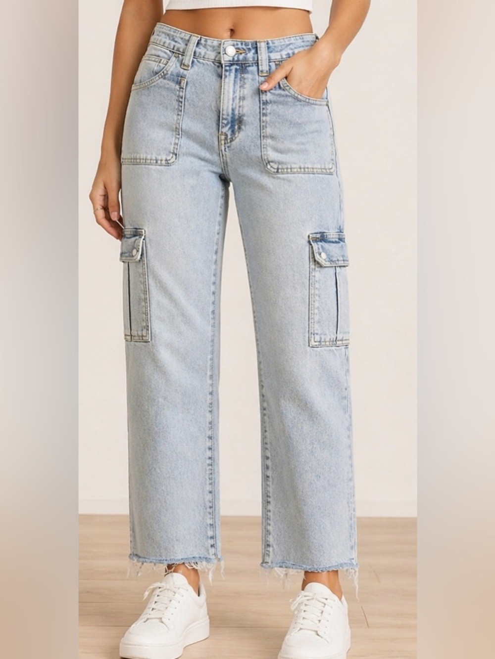 KanCan Light Wash Cargo Utility Jeans Raw Hem Straight Leg Sz 7/27